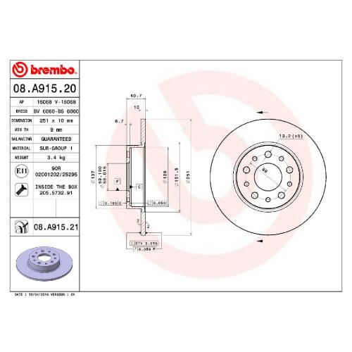 BREMBO Bremsbelagsatz, Scheibenbremse P 23 179 + Bremsscheibe 08.A915.21 Bild BREMBO Bremsbelagsatz, Scheibenbremse P 23 179 + Bremsscheibe 08.A915.21