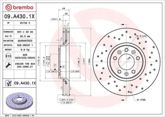 BREMBO Bremsbelagsatz, Scheibenbremse P 61 106X + Bremsscheibe 09.A430.1X Bild BREMBO Bremsbelagsatz, Scheibenbremse P 61 106X + Bremsscheibe 09.A430.1X