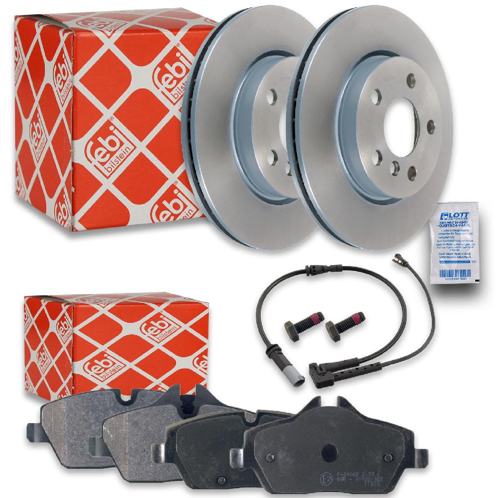 FEBI BILSTEIN Bremsscheibe 104102 + Bremsbelagsatz, Scheibenbremse 16786 + Warnkontakt, Bremsbelagverschleiß 101071