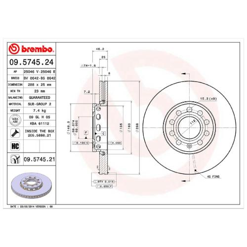 BREMBO Bremsscheibe 09.5745.21 + Bremsbelagsatz, Scheibenbremse P 85 036 Bild BREMBO Bremsscheibe 09.5745.21 + Bremsbelagsatz, Scheibenbremse P 85 036