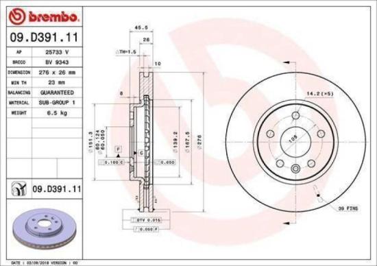 BREMBO Bremsscheibe 09.D391.11 + Bremsbelagsatz, Scheibenbremse P 59 092 Bild BREMBO Bremsscheibe 09.D391.11 + Bremsbelagsatz, Scheibenbremse P 59 092