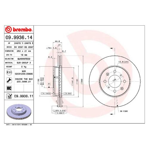 BREMBO Bremsscheibe 09.9936.11 + Bremsbelagsatz, Scheibenbremse P 28 050 Bild BREMBO Bremsscheibe 09.9936.11 + Bremsbelagsatz, Scheibenbremse P 28 050