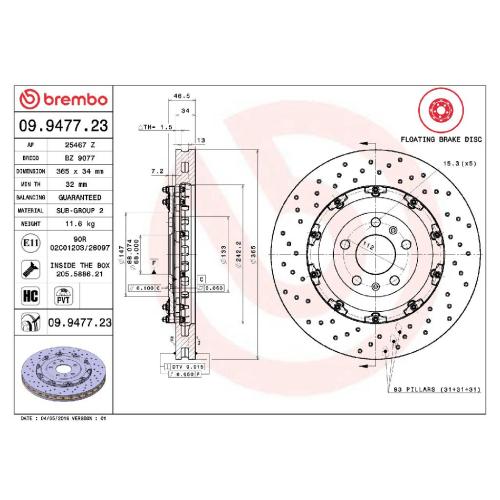 BREMBO Bremsscheibe 09.9477.23 + Bremsbelagsatz, Scheibenbremse P 85 132 Bild BREMBO Bremsscheibe 09.9477.23 + Bremsbelagsatz, Scheibenbremse P 85 132