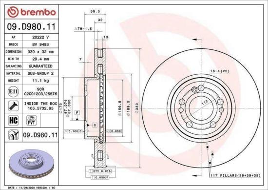 BREMBO Bremsbelagsatz, Scheibenbremse P 50 152 + Warnkontakt, Bremsbelagverschleiß A 00 353 + Bremsscheibe 09.D980.11 Bild BREMBO Bremsbelagsatz, Scheibenbremse P 50 152 + Warnkontakt, Bremsbelagverschleiß A 00 353 + Bremsscheibe 09.D980.11