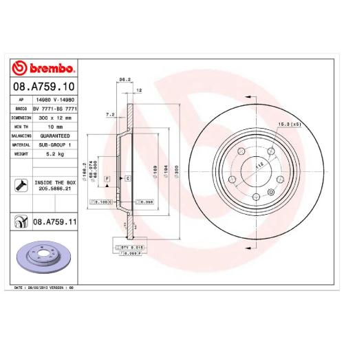 BREMBO Bremsscheibe 08.A759.11 + Bremsbelagsatz, Scheibenbremse P 85 099 Bild BREMBO Bremsscheibe 08.A759.11 + Bremsbelagsatz, Scheibenbremse P 85 099