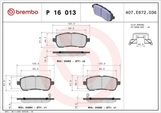 BREMBO Bremsbelagsatz, Scheibenbremse P 16 013 + Bremsscheibe 09.B524.10 Bild BREMBO Bremsbelagsatz, Scheibenbremse P 16 013 + Bremsscheibe 09.B524.10