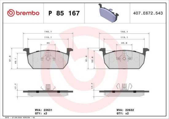BREMBO Bremsbelagsatz, Scheibenbremse P 85 167 + Bremsscheibe 09.D571.11 Bild BREMBO Bremsbelagsatz, Scheibenbremse P 85 167 + Bremsscheibe 09.D571.11