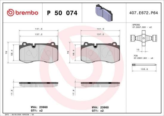 BREMBO Bremsbelagsatz, Scheibenbremse P 50 074 + Bremsscheibe 09.A819.11 Bild BREMBO Bremsbelagsatz, Scheibenbremse P 50 074 + Bremsscheibe 09.A819.11