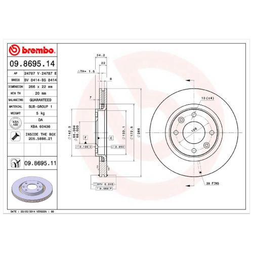 BREMBO Bremsbelagsatz, Scheibenbremse P 61 066 + Bremsscheibe 09.8695.11 Bild BREMBO Bremsbelagsatz, Scheibenbremse P 61 066 + Bremsscheibe 09.8695.11