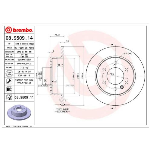BREMBO Bremsscheibe 08.9509.11 + Bremsbelagsatz, Scheibenbremse P 50 084 Bild BREMBO Bremsscheibe 08.9509.11 + Bremsbelagsatz, Scheibenbremse P 50 084