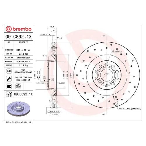 BREMBO Bremsbelagsatz, Scheibenbremse P 85 129 + Bremsscheibe 09.C892.1X Bild BREMBO Bremsbelagsatz, Scheibenbremse P 85 129 + Bremsscheibe 09.C892.1X