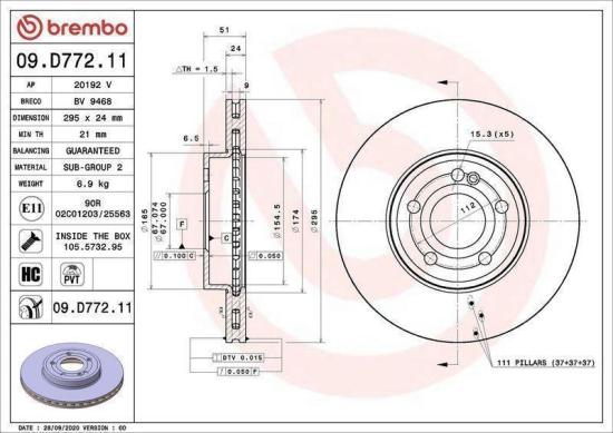 BREMBO Bremsbelagsatz, Scheibenbremse P 50 146 + Bremsscheibe 09.D772.11 + Warnkontakt, Bremsbelagverschleiß A 00 353 Bild BREMBO Bremsbelagsatz, Scheibenbremse P 50 146 + Bremsscheibe 09.D772.11 + Warnkontakt, Bremsbelagverschleiß A 00 353