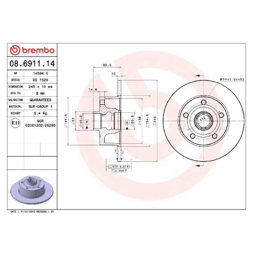 BREMBO Bremsbelagsatz, Scheibenbremse P 85 013 + Bremsscheibe 08.6911.14 Bild BREMBO Bremsbelagsatz, Scheibenbremse P 85 013 + Bremsscheibe 08.6911.14