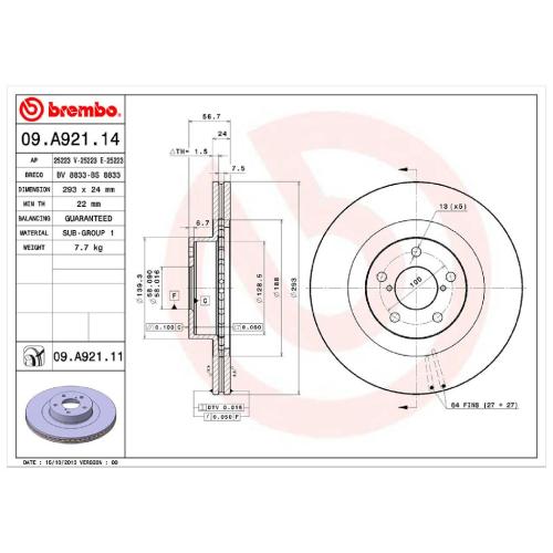 BREMBO Bremsbelagsatz, Scheibenbremse P 56 025 + Bremsscheibe 09.A921.11 Bild BREMBO Bremsbelagsatz, Scheibenbremse P 56 025 + Bremsscheibe 09.A921.11