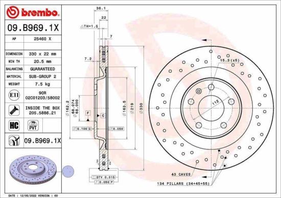 BREMBO Bremsbelagsatz, Scheibenbremse P 85 154X + Bremsscheibe 09.B969.1X + Warnkontakt, Bremsbelagverschleiß A 00 524 Bild BREMBO Bremsbelagsatz, Scheibenbremse P 85 154X + Bremsscheibe 09.B969.1X + Warnkontakt, Bremsbelagverschleiß A 00 524