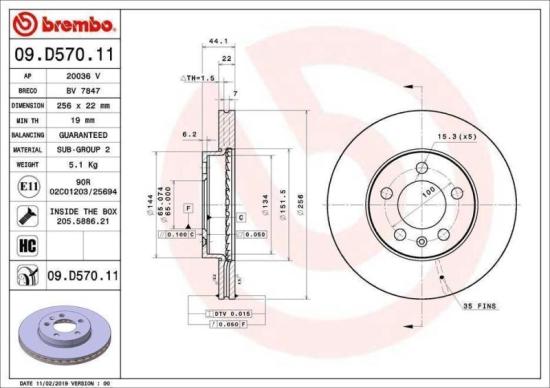 BREMBO Bremsscheibe 09.D570.11 + Bremsbelagsatz, Scheibenbremse P 85 167 Bild BREMBO Bremsscheibe 09.D570.11 + Bremsbelagsatz, Scheibenbremse P 85 167