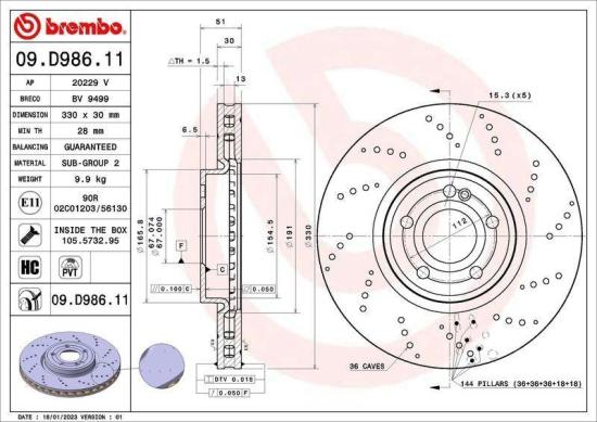BREMBO Bremsbelagsatz, Scheibenbremse P 50 152 + Bremsscheibe 09.D986.11 + Warnkontakt, Bremsbelagverschleiß A 00 353 Bild BREMBO Bremsbelagsatz, Scheibenbremse P 50 152 + Bremsscheibe 09.D986.11 + Warnkontakt, Bremsbelagverschleiß A 00 353