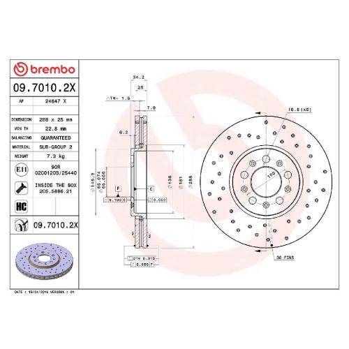 BREMBO Bremsscheibe 09.7010.2X + Bremsbelagsatz, Scheibenbremse P 85 072 Bild BREMBO Bremsscheibe 09.7010.2X + Bremsbelagsatz, Scheibenbremse P 85 072