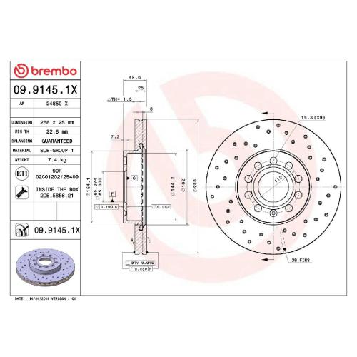 BREMBO Bremsbelagsatz, Scheibenbremse P 85 075X + Bremsscheibe 09.9145.1X Bild BREMBO Bremsbelagsatz, Scheibenbremse P 85 075X + Bremsscheibe 09.9145.1X