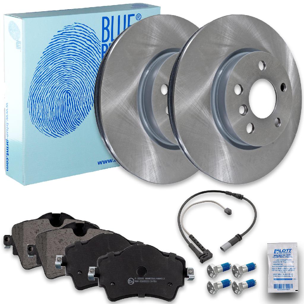 FEBI BILSTEIN Warnkontakt, Bremsbelagverschleiß 101072 BLUE PRINT Bremsbelagsatz, Scheibenbremse ADB114215 + Bremsscheibe ADB114325