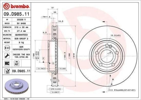 BREMBO Bremsscheibe 09.D985.11 + Bremsbelagsatz, Scheibenbremse P 50 152 + Warnkontakt, Bremsbelagverschleiß A 00 353 Bild BREMBO Bremsscheibe 09.D985.11 + Bremsbelagsatz, Scheibenbremse P 50 152 + Warnkontakt, Bremsbelagverschleiß A 00 353