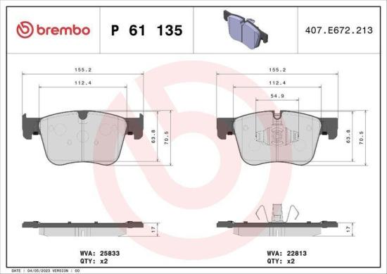 BREMBO Bremsbelagsatz, Scheibenbremse P 61 135 + Bremsscheibe 09.C133.1X Bild BREMBO Bremsbelagsatz, Scheibenbremse P 61 135 + Bremsscheibe 09.C133.1X