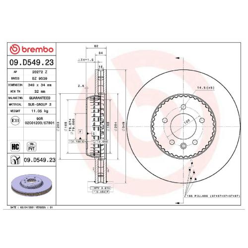 BREMBO Bremsscheibe 09.D549.23 + Bremsbelagsatz, Scheibenbremse P 44 028 Bild BREMBO Bremsscheibe 09.D549.23 + Bremsbelagsatz, Scheibenbremse P 44 028