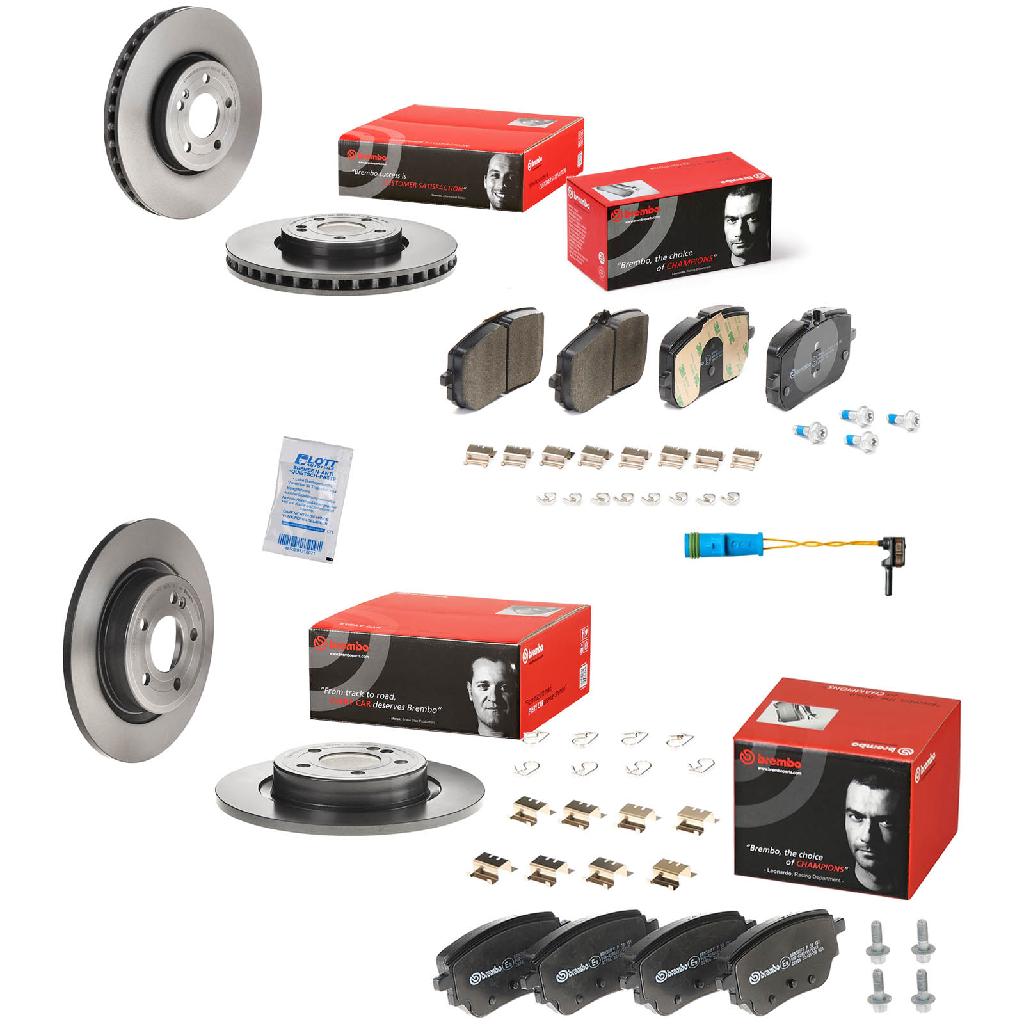 BREMBO Bremsscheibe 09.D985.11 + Bremsbelagsatz, Scheibenbremse P 50 157 + Bremsbelagsatz, Scheibenbremse P 50 151 + Warnkontakt, Bremsbelagverschleiß A 00 353 + Bremsscheibe 08.D759.11