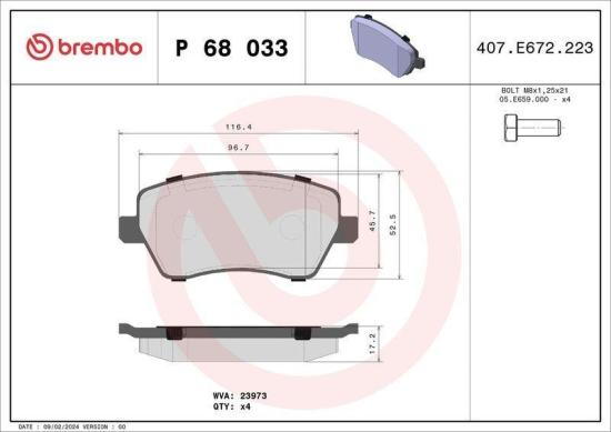 BREMBO Bremsscheibe 09.9078.2X + Bremsbelagsatz, Scheibenbremse P 68 033 Bild BREMBO Bremsscheibe 09.9078.2X + Bremsbelagsatz, Scheibenbremse P 68 033