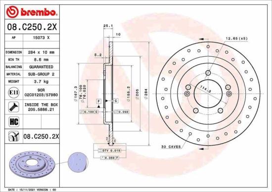 BREMBO Bremsbelagsatz, Scheibenbremse P 30 067 + Bremsscheibe 08.C250.2X Bild BREMBO Bremsbelagsatz, Scheibenbremse P 30 067 + Bremsscheibe 08.C250.2X