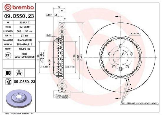 BREMBO Bremsbelagsatz, Scheibenbremse P 44 029 + Bremsscheibe 09.D550.23 Bild BREMBO Bremsbelagsatz, Scheibenbremse P 44 029 + Bremsscheibe 09.D550.23