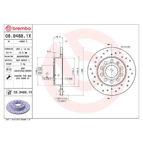 BREMBO Bremsbelagsatz, Scheibenbremse P 85 073X + Bremsscheibe 08.9488.1X Bild BREMBO Bremsbelagsatz, Scheibenbremse P 85 073X + Bremsscheibe 08.9488.1X