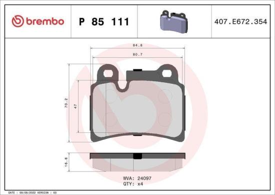 BREMBO Bremsbelagsatz, Scheibenbremse P 85 111 + Warnkontakt, Bremsbelagverschleiß A 00 207 + Bremsscheibe 09.C884.11 Bild BREMBO Bremsbelagsatz, Scheibenbremse P 85 111 + Warnkontakt, Bremsbelagverschleiß A 00 207 + Bremsscheibe 09.C884.11