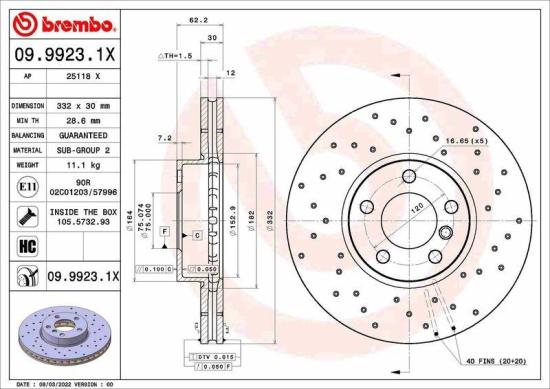 BREMBO Bremsscheibe 09.9923.1X + Warnkontakt, Bremsbelagverschleiß A 00 442 + Bremsbelagsatz, Scheibenbremse P 06 049 Bild BREMBO Bremsscheibe 09.9923.1X + Warnkontakt, Bremsbelagverschleiß A 00 442 + Bremsbelagsatz, Scheibenbremse P 06 049