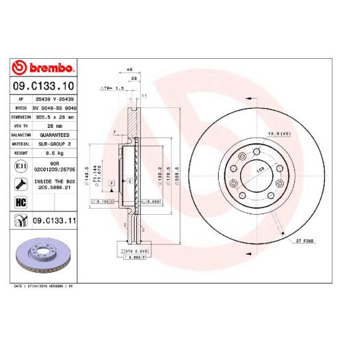 BREMBO Bremsscheibe 09.C133.11 + Bremsbelagsatz, Scheibenbremse P 61 106 Bild BREMBO Bremsscheibe 09.C133.11 + Bremsbelagsatz, Scheibenbremse P 61 106