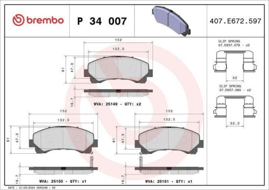 BREMBO Bremsbelagsatz, Scheibenbremse P 34 007 + Bremsscheibe 09.B267.10 Bild BREMBO Bremsbelagsatz, Scheibenbremse P 34 007 + Bremsscheibe 09.B267.10