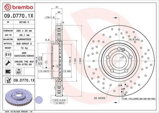 BREMBO Bremsscheibe 09.D770.1X + Bremsbelagsatz, Scheibenbremse P 50 152 + Warnkontakt, Bremsbelagverschleiß A 00 353 Bild BREMBO Bremsscheibe 09.D770.1X + Bremsbelagsatz, Scheibenbremse P 50 152 + Warnkontakt, Bremsbelagverschleiß A 00 353