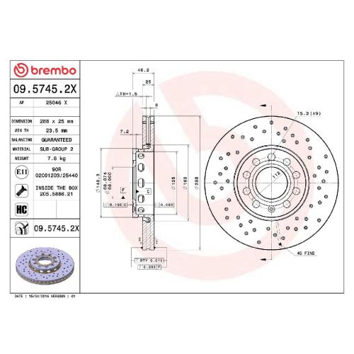 BREMBO Bremsscheibe 09.5745.2X + Bremsbelagsatz, Scheibenbremse P 85 037 Bild BREMBO Bremsscheibe 09.5745.2X + Bremsbelagsatz, Scheibenbremse P 85 037