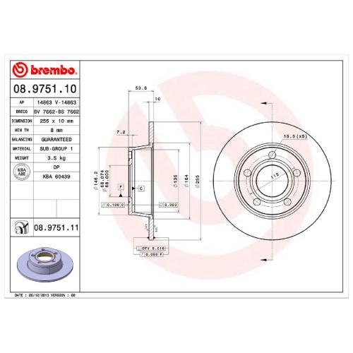 BREMBO Bremsbelagsatz, Scheibenbremse P 85 020 + Bremsscheibe 08.9751.11 Bild BREMBO Bremsbelagsatz, Scheibenbremse P 85 020 + Bremsscheibe 08.9751.11