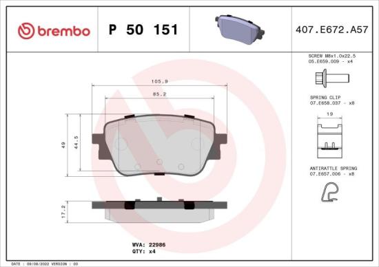 BREMBO Bremsbelagsatz, Scheibenbremse P 50 151 + Bremsscheibe 08.D759.11 Bild BREMBO Bremsbelagsatz, Scheibenbremse P 50 151 + Bremsscheibe 08.D759.11