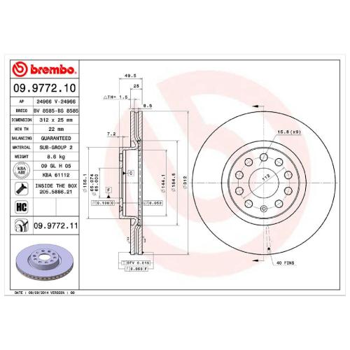 BREMBO Bremsbelagsatz, Scheibenbremse P 85 075 + Bremsscheibe 09.9772.11 Bild BREMBO Bremsbelagsatz, Scheibenbremse P 85 075 + Bremsscheibe 09.9772.11