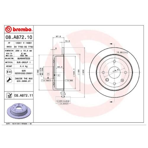 BREMBO Bremsbelagsatz, Scheibenbremse P 10 001 + Bremsscheibe 08.A872.11 Bild BREMBO Bremsbelagsatz, Scheibenbremse P 10 001 + Bremsscheibe 08.A872.11