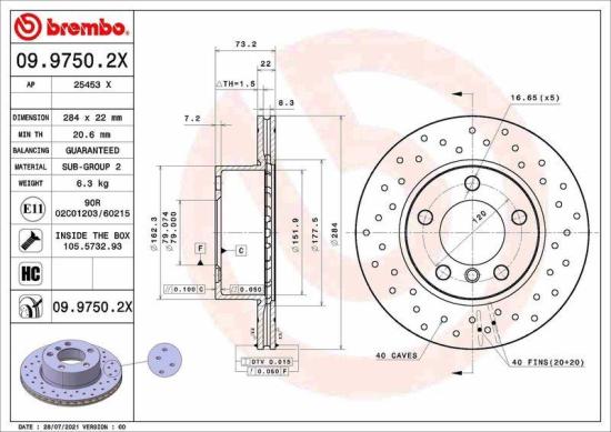 BREMBO Bremsscheibe 09.9750.2X + Bremsbelagsatz, Scheibenbremse P 06 075X + Warnkontakt, Bremsbelagverschleiß A 00 473 Bild BREMBO Bremsscheibe 09.9750.2X + Bremsbelagsatz, Scheibenbremse P 06 075X + Warnkontakt, Bremsbelagverschleiß A 00 473