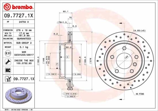 BREMBO Bremsbelagsatz, Scheibenbremse P 06 025 + Warnkontakt, Bremsbelagverschleiß A 00 221 + Bremsscheibe 09.7727.1X Bild BREMBO Bremsbelagsatz, Scheibenbremse P 06 025 + Warnkontakt, Bremsbelagverschleiß A 00 221 + Bremsscheibe 09.7727.1X