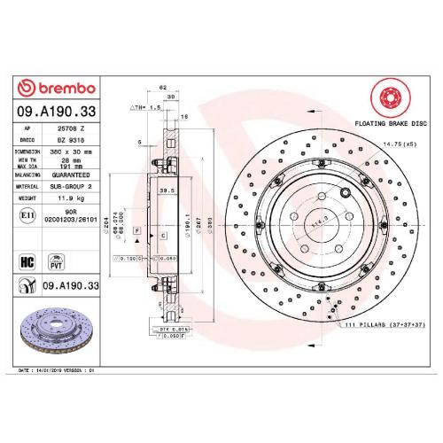 BREMBO Bremsbelagsatz, Scheibenbremse P 36 018 + Bremsscheibe 09.A190.33 Bild BREMBO Bremsbelagsatz, Scheibenbremse P 36 018 + Bremsscheibe 09.A190.33