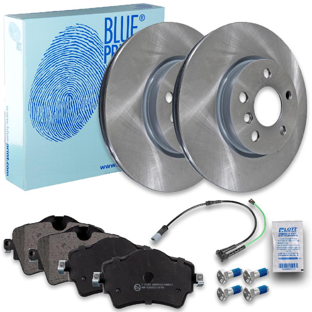 FEBI BILSTEIN Warnkontakt, Bremsbelagverschleiß 173571 BLUE PRINT Bremsbelagsatz, Scheibenbremse ADB114215 + Bremsscheibe ADB114325