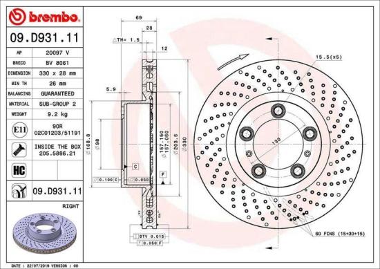 BREMBO Bremsscheibe 09.D931.11 + Bremsscheibe 09.D930.11 + Warnkontakt, Bremsbelagverschleiß A 00 502 + Bremsbelagsatz, Scheibenbremse P 65 018 Bild BREMBO Bremsscheibe 09.D931.11 + Bremsscheibe 09.D930.11 + Warnkontakt, Bremsbelagverschleiß A 00 502 + Bremsbelagsatz, Scheibenbremse P 65 018