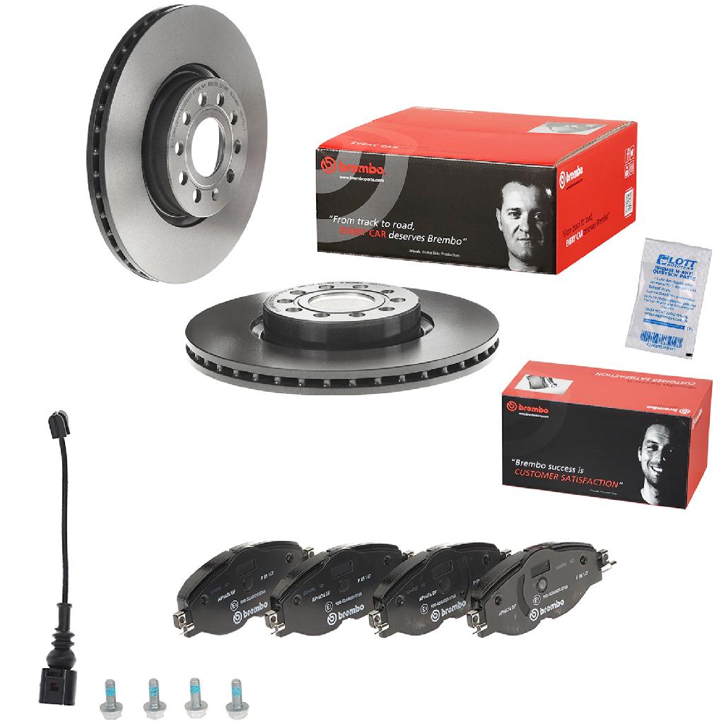 BREMBO Bremsbelagsatz, Scheibenbremse P 85 147 + Bremsscheibe 09.9772.11 + Warnkontakt, Bremsbelagverschleiß A 00 492