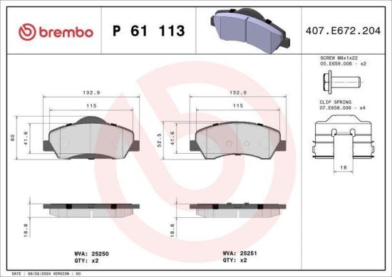 BREMBO Bremsbelagsatz, Scheibenbremse P 61 113 + Bremsscheibe 08.7238.11 Bild BREMBO Bremsbelagsatz, Scheibenbremse P 61 113 + Bremsscheibe 08.7238.11
