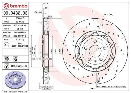 BREMBO Bremsbelagsatz, Scheibenbremse P 85 180 + Bremsscheibe 09.D482.33 Bild BREMBO Bremsbelagsatz, Scheibenbremse P 85 180 + Bremsscheibe 09.D482.33